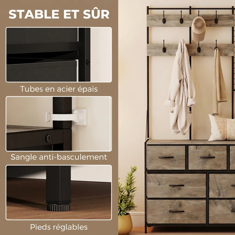 HOMCOM Porte-Manteau 4 en 1, Meuble d'Entrée avec 7 Tiroirs Pliables en Tissu, 14 Crochets et Panneau Grillagé, Gris Effet Bois