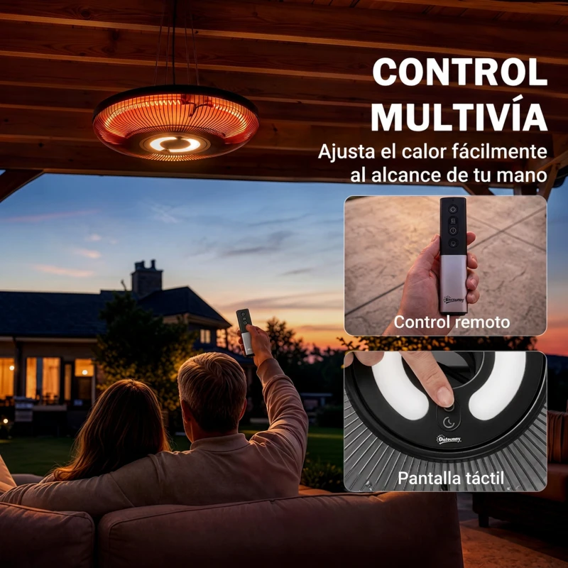 Outsunny Calefactor por Infrarrojos Terraza Colgante 2000 W con Luz LED Control por Táctil/Mando 2 Niveles Calor y Temporizador