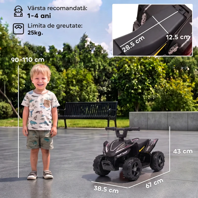 AIYAPLAY ATV Electric pentru Copii 18-48 Luni, 6V, 2 km/h, Sarcină 25 kg, Negru