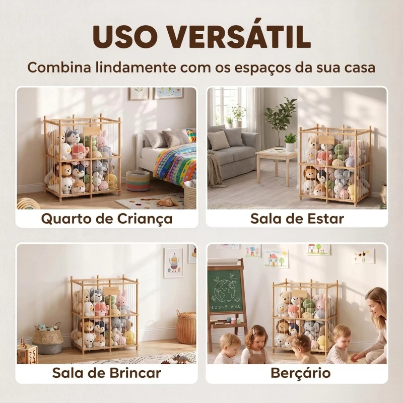 AIYAPLAY Organizador de Peluches em Madeira com Cordões Elásticos, Estante Infantil para Brinquedos, 3-8 Anos, 76x40x94,5 cm, Natural