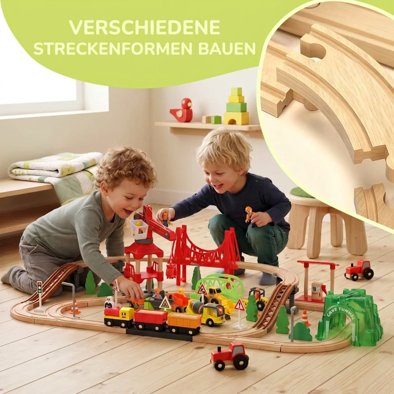 AIYAPLAY 91-delige houten treinset met kraan, treinen, bouwvoertuigen, rails en brug voor kinderen vanaf 3 jaar