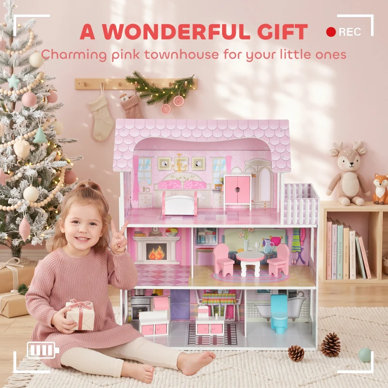 AIYAPLAY Maison de Poupée en Bois pour Enfants, Maison de Rêve Filles, 6 Pièces, Éclairage LED et 8 Meubles, 3-6 ans, Rose