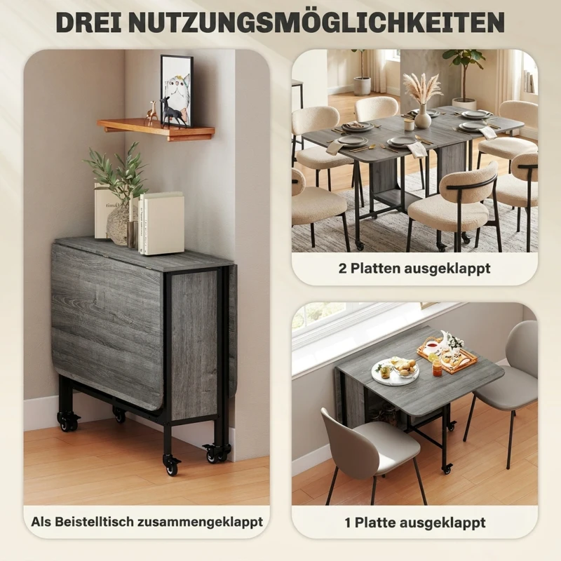 HOMCOM Klappbarer Esstisch, Mobiler Klapptisch für 6 Personen, mit Ablage, bis 50 kg belastbar, 130 x 80 x 74 cm, Grau