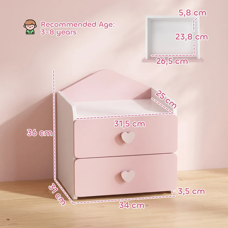 AIYAPLAY Comodino per Bambini 3-8 Anni con 2 Cassetti, Angoli Arrotondati, Maniglie a Cuore, 34x31x36 cm, Rosa