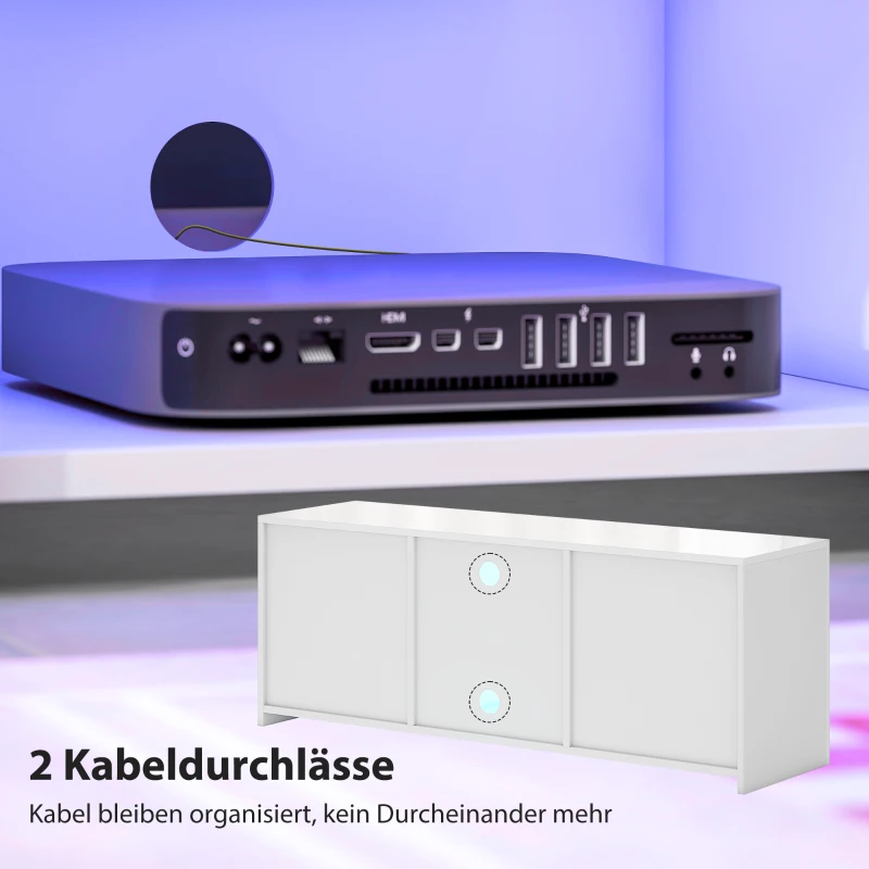 HOMCOM TV-Schrank mit LED-Beleuchtung, 2 Schranktüren, Glasregal, Kabellöcher, für Wohnzimmer, Spanplatte, Weiß