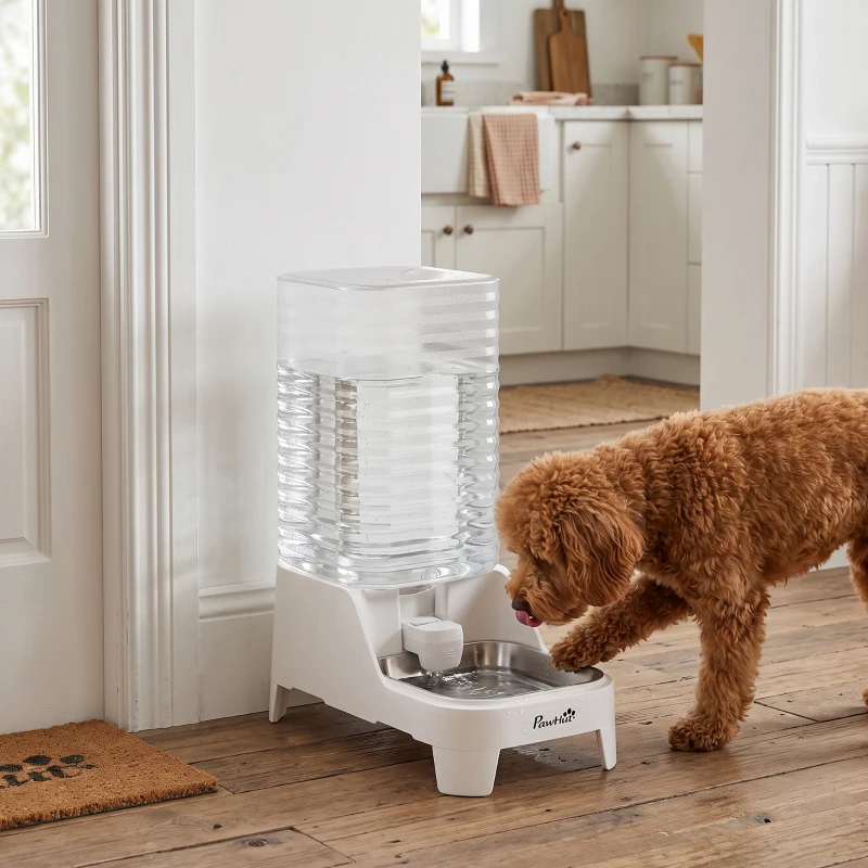 PawHut Dispensador Automático de Água por Gravidade 8 L para Cães e Gatos com Bico Rebatível e Tigela em Aço Inoxidável, Branco