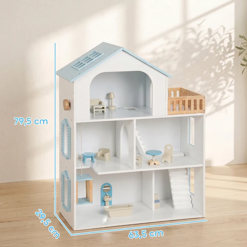 AIYAPLAY Groot poppenhuis 79,5 cm met lift, 3 verdiepingen, 13 meubels en balkon, blauw, cadeau voor meisjes van 3-6 jaar