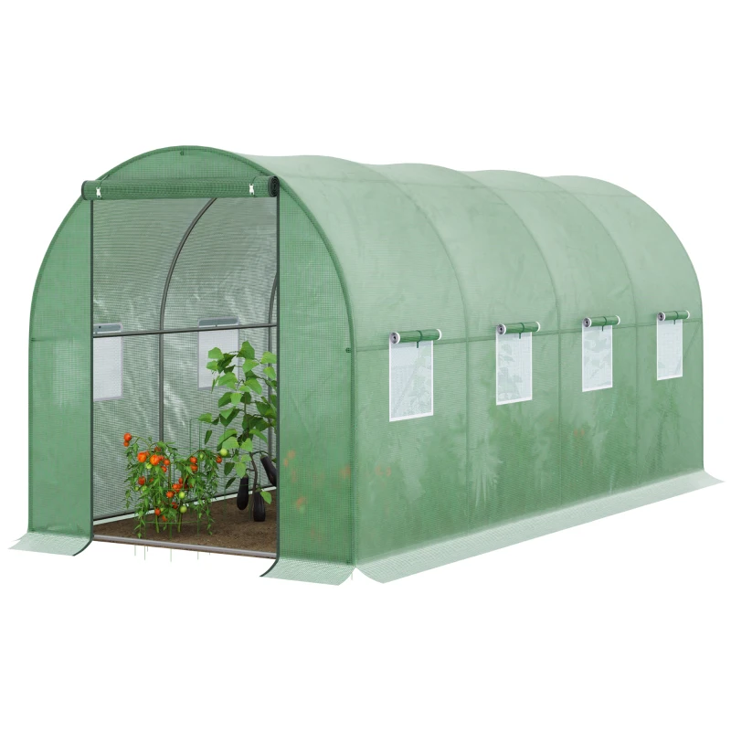 Outsunny Walk-in Polytunnel Greenhouse, Outdoor Garden Tunnel Greenhouse Tent with Zipped Roll-Up Door and 8 Mesh Windows, 4 x 2M