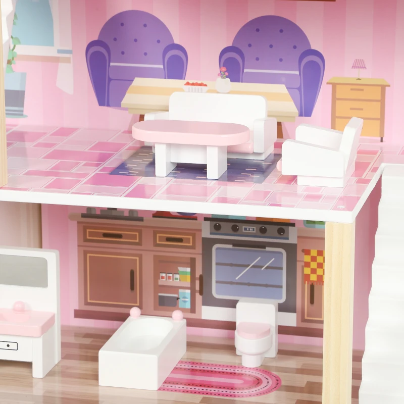 AIYAPLAY Casa de Muñecas de Madera 3 Pisos con Balcón Escaleras y 10 Muebles Juguete de Imitación para Niños de 3 a 6 Años Rosa