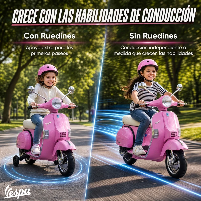 AIYAPLAY Moto Eléctrica Niños 12V Vespa PX150 Ruedas Auxiliares 2 Motores Suspensión Trasera Música Faros 3 km/h 3-6 Años Rosa