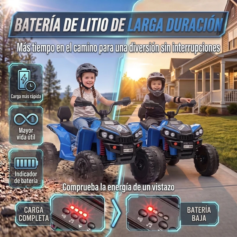AIYAPLAY Quad Eléctrico Niños 24V 2 Plazas 2 Motores 120 W Batería de Litio Suspensión Arranque Suave 4-6 km/h 3-8 Años Azul