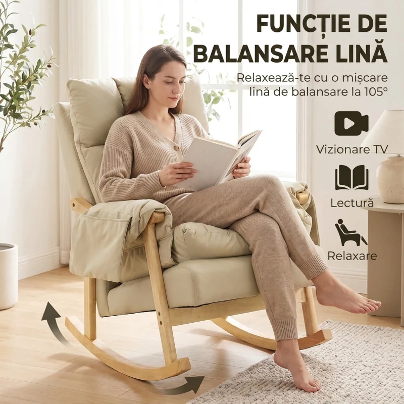 HOMCOM Fotoliu Balansoar Tapițat din Țesătură Tehnică, Șezut Adânc, Buzunare Laterale, Picioare din Lemn de Cauciuc, Bej