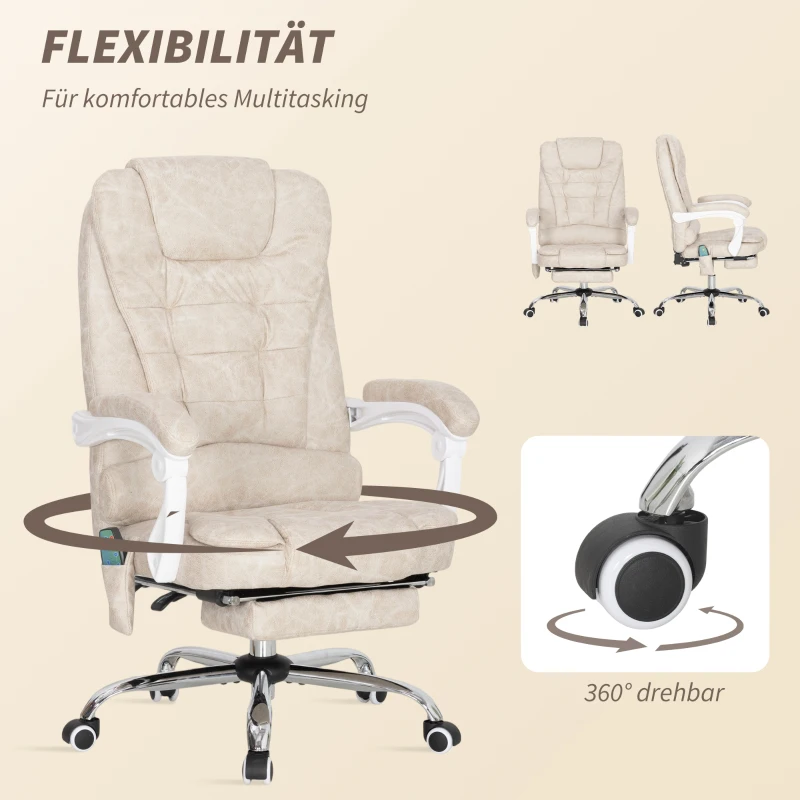 Vinsetto Bürostuhl mit Massagefunktion, ergonomisch, 65x160x104cm, Cremeweiß