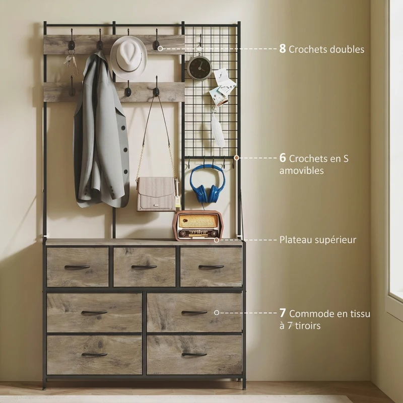HOMCOM Porte-Manteau 4 en 1, Meuble d'Entrée avec 7 Tiroirs Pliables en Tissu, 14 Crochets et Panneau Grillagé, Gris Effet Bois