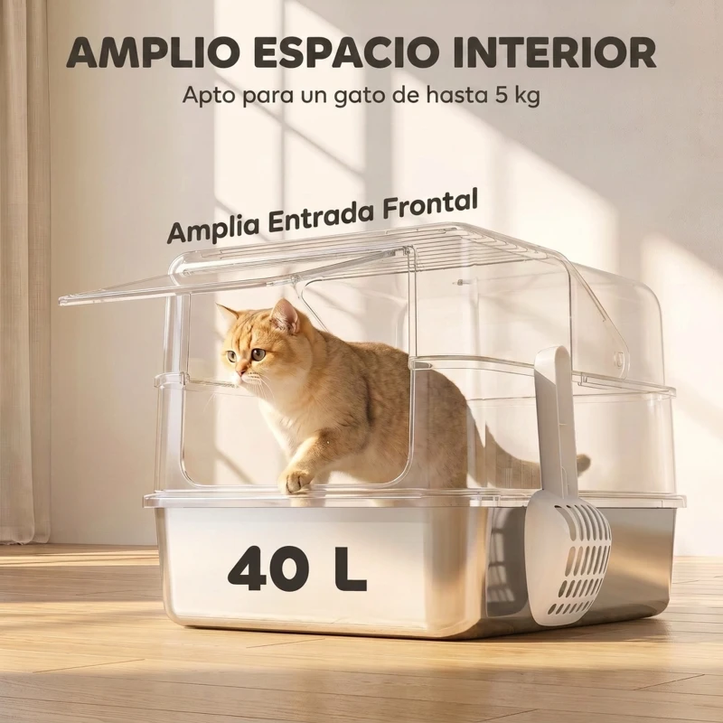 PawHut Arenero para Gatos de Acero Inoxidable M Cerrada 2 en 1 Tapa Extraíble Borde Alto Pala Fácil de Limpiar Gris