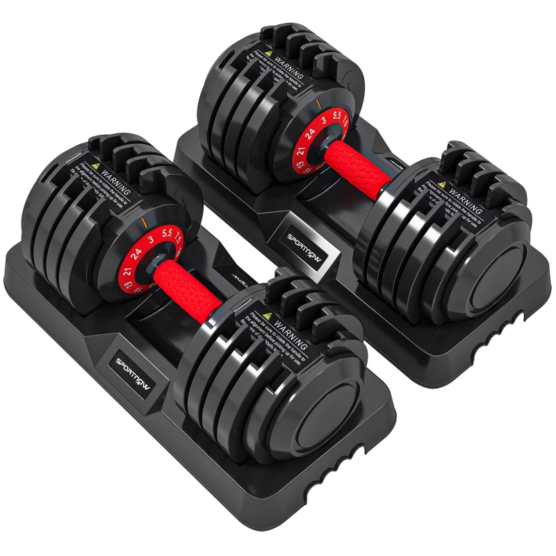 SPORTNOW 24kg Adjustable Dumbbell Set of 2, 10-in-1 Dumbbell Weights with Quick-Dial System, Safety Lock, Non-Slip Grip, Storage Tray, Space-Saving Free Weights for Home Gym Strength Training
