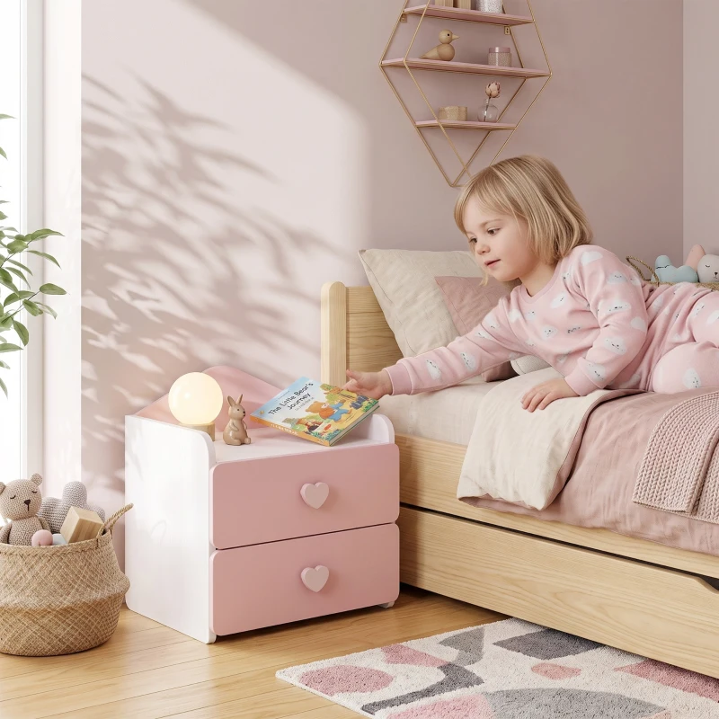 AIYAPLAY Comodino per Bambini 3-8 Anni con 2 Cassetti, Angoli Arrotondati, Maniglie a Cuore, 34x31x36 cm, Rosa