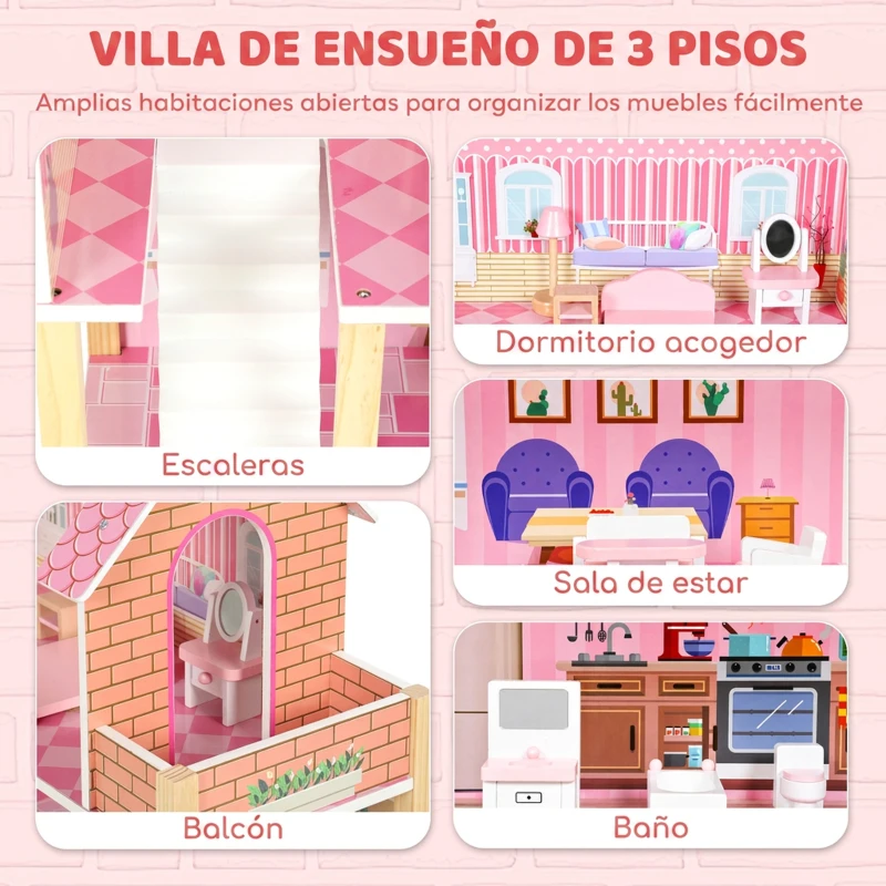 AIYAPLAY Casa de Muñecas de Madera 3 Pisos con Balcón Escaleras y 10 Muebles Juguete de Imitación para Niños de 3 a 6 Años Rosa