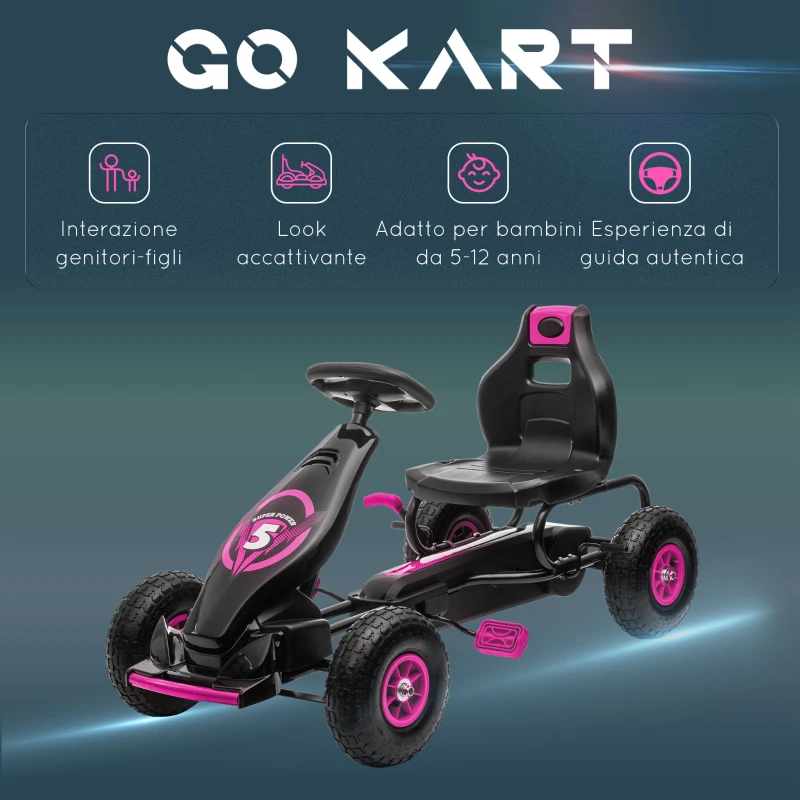 HOMCOM Go Kart a Pedali per Bambini 5-12 Anni con Sedile Regolabile, in Metallo e PP 117x58x61 cm, Rosa e Nero