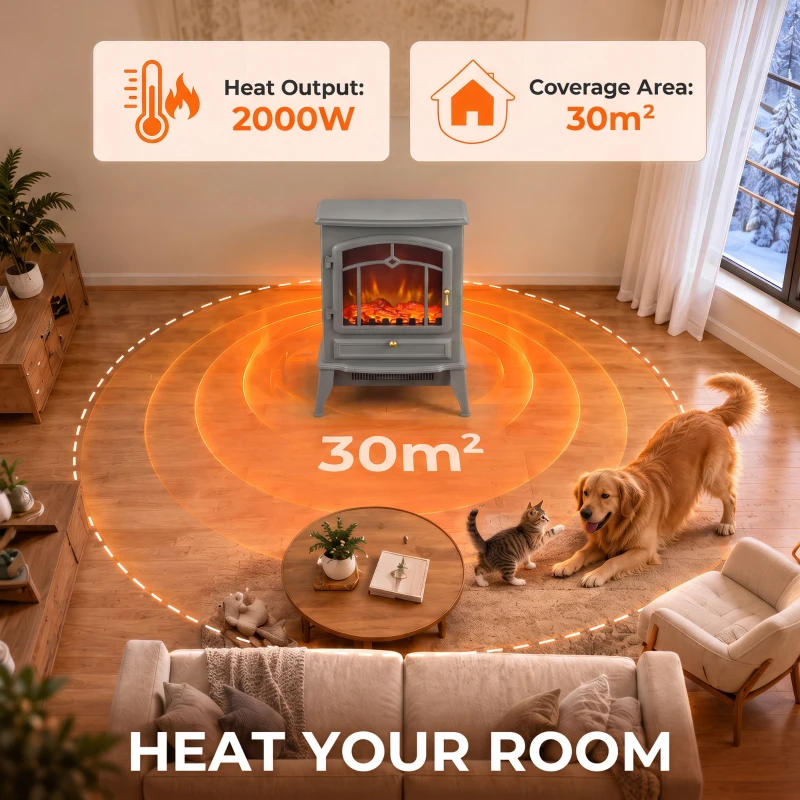 HOMCOM Electric Fireplace Stove, 1000W/2000W, Electric Fire Heater with LED Flame Effect, Adjustable Thermostat, Grey