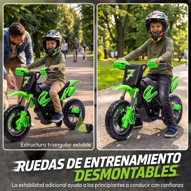 AIYAPLAY Moto Eléctrica Niños 12V con 2 Ruedas Auxiliares Desmontables 2 Motores Suspensión Trasera 3 km/h 3-6 Años Verde