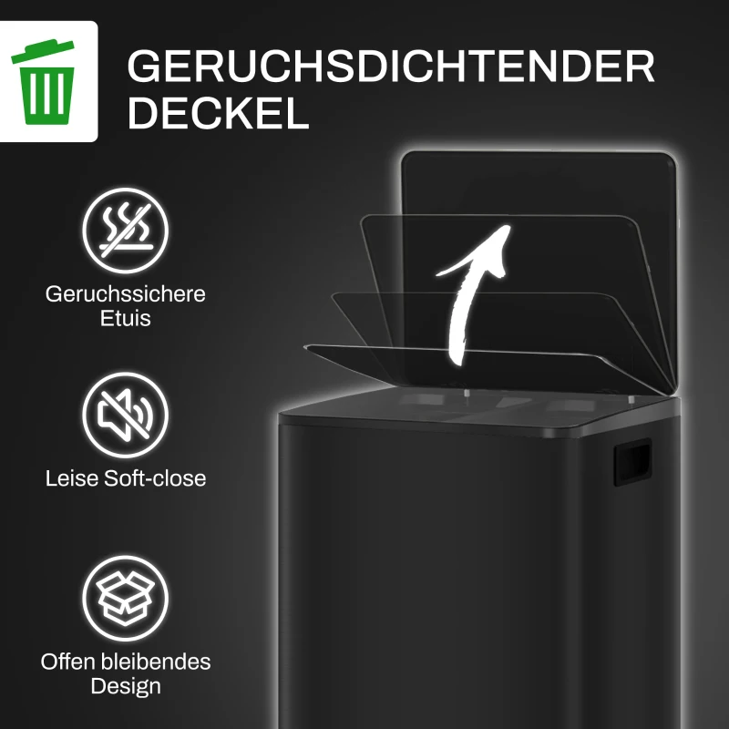 HOMCOM Mülleimer mit 2x25L Fächern, Soft-Close-Deckel, Fingerabdrucksicher, Edelstahl, Schwarz