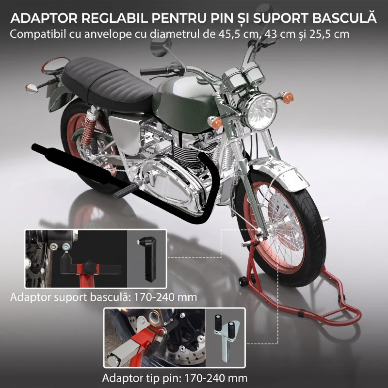 HOMCOM Stand Față pentru Motocicletă cu Protecții Antiderapante, Adaptoare Reglabile pentru Pini și Tip Furcă, 200 kg, pentru Anvelope de 18", 17" și 10"