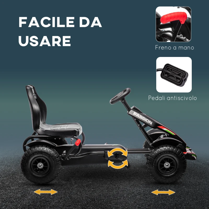 HOMCOM Go Kart a Pedali per Bambini 5-12 Anni in PP e Metallo Nero con Sedile Regolabile e Freno a Mano, 117x58x61 cm