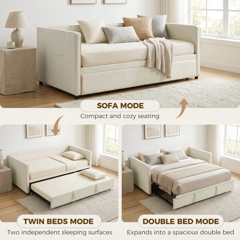 HOMCOM Cadre de lit canapé-lit 2 en 1, canapé 2 places et lit double, deux matelas compatible de 90 x 190 cm