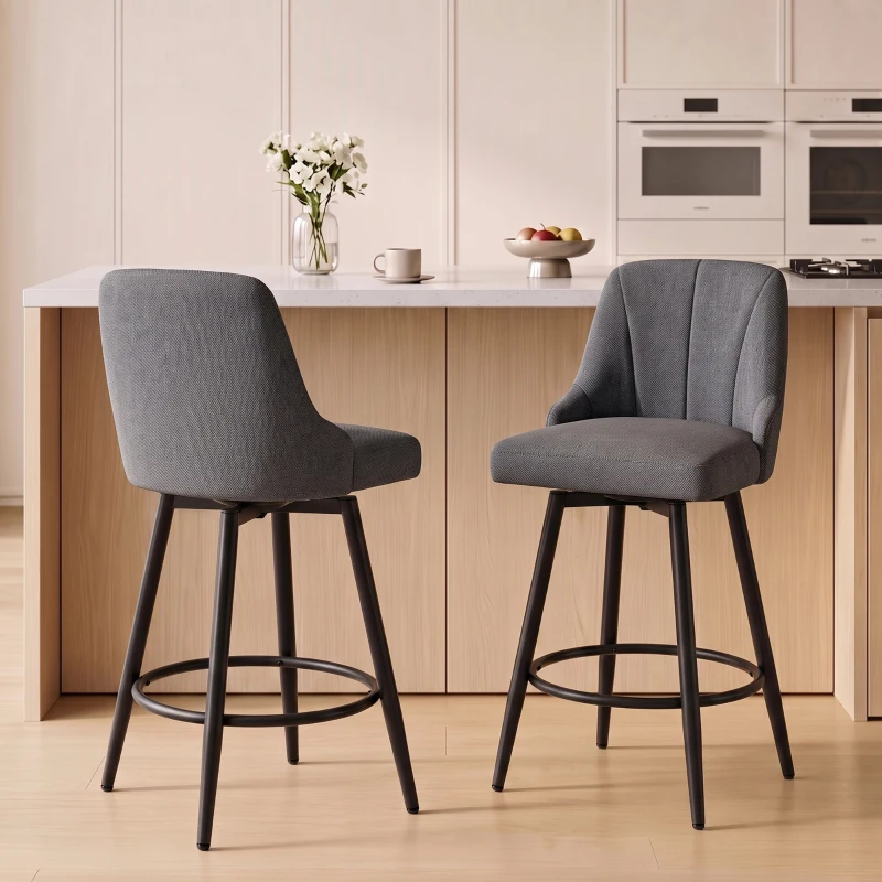 HOMCOM Lot de 2 Tabourets de Bar Pivotants, Chaises de Bar en Tissu Effet Lin, Dossier Capitonné, Repose-Pieds, Gris