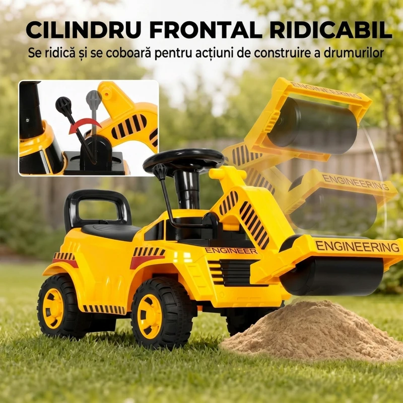 AIYAPLAY Compactor Rutier de Călărit pentru Copii 1-4 Ani, cu Rolă Reglabilă, Claxon și Spațiu sub Scaun, Galben