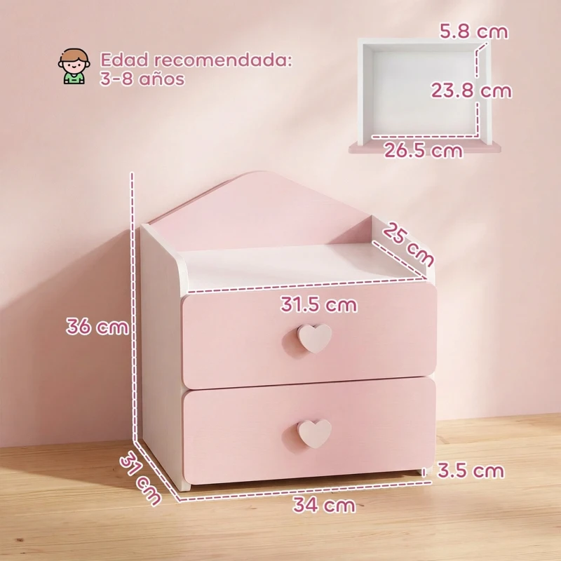 AIYAPLAY Mesita de Noche Infantil con 2 Cajones Montessori Bordes Redondeados para Niños de 3 a 8 Años 34x31x36 cm Rosa