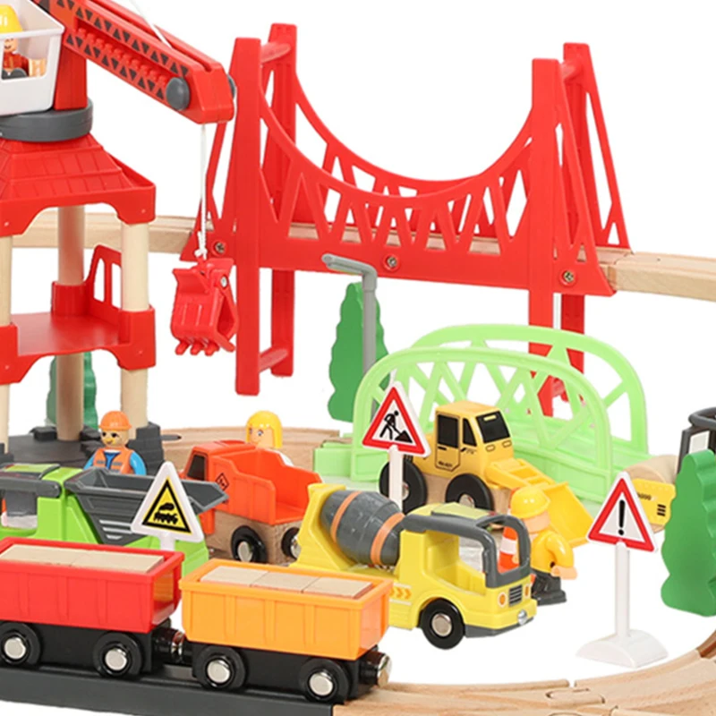 AIYAPLAY 91-delige houten treinset met kraan, treinen, bouwvoertuigen, rails en brug voor kinderen vanaf 3 jaar