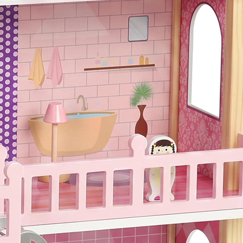 AIYAPLAY Groot poppenhuis, 69 cm hoog, 2 verdiepingen, met 2 poppen, 11 meubels, trap en balkon, roze, voor meisjes van 3-6 jaar