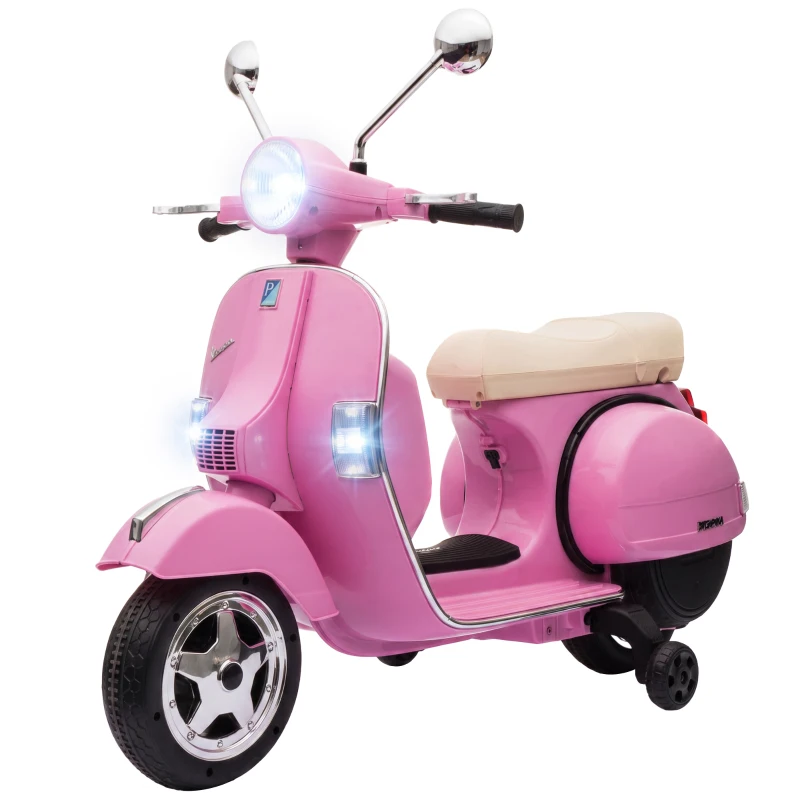 AIYAPLAY Moto Eléctrica Niños 12V Vespa PX150 Ruedas Auxiliares 2 Motores Suspensión Trasera Música Faros 3 km/h 3-6 Años Rosa
