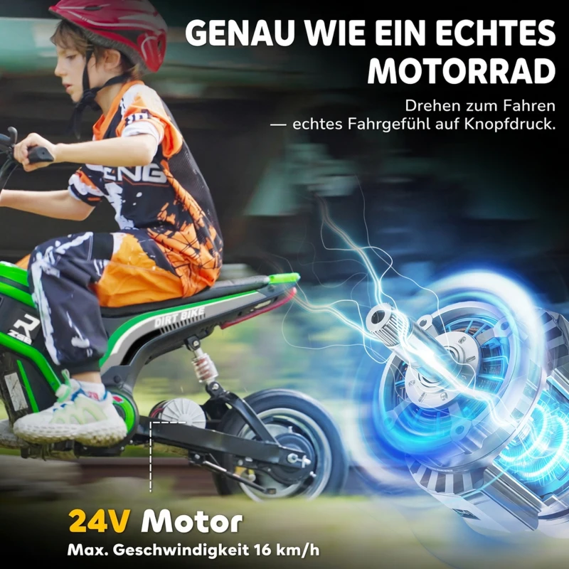 HOMCOM Elektro-Kindermotorrad, 24V Motor, einstellbare Geschwindigkeit, Musik & Lichter, Grün(m-5)