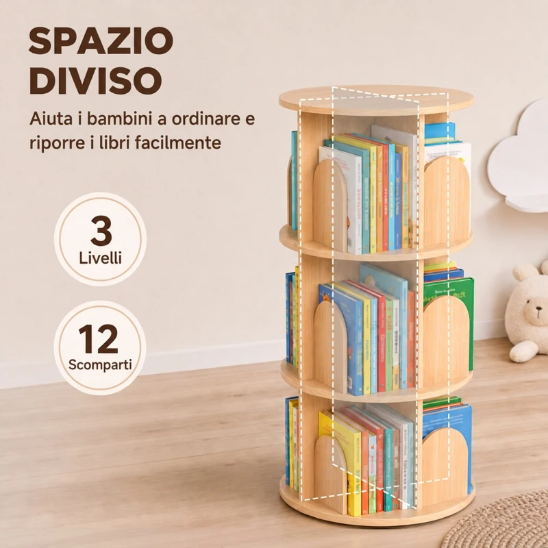 AIYAPLAY Libreria Girevole per Bambini a 3 Livelli, Angoli Arrotondati, 46x46x97 cm, Color Legno