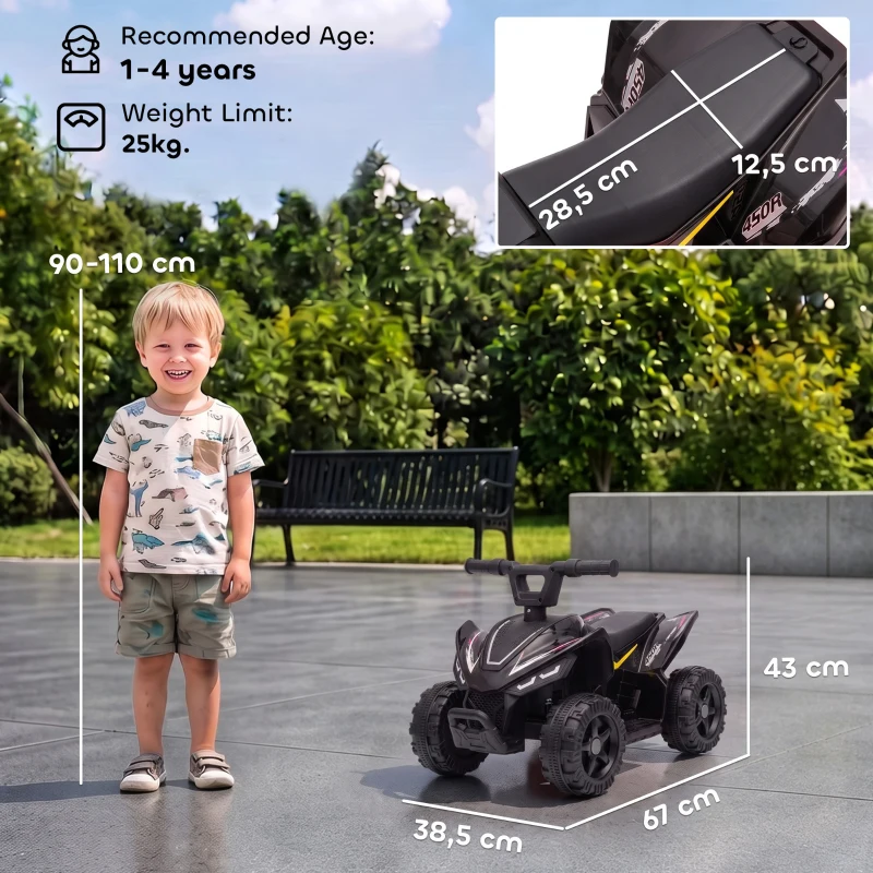 AIYAPLAY Quad Elettrico per Bambini 6V, Marce Avanti, 2 km/h, per 18-48 Mesi, Portata 25 kg, Interno ed Esterno, Nero
