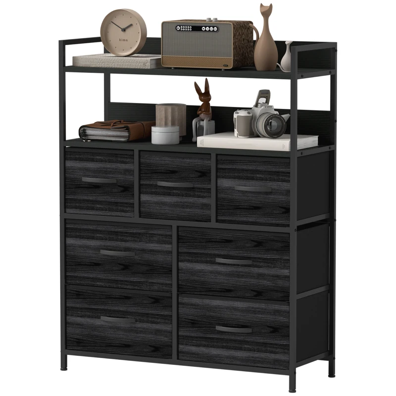 HOMCOM Rustic Chest of Seven Fabric Drawers - Black