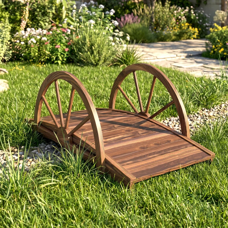 Outsunny Pont de jardin en bois, avec balustrade à demi-roues charge max. 150 KG, 100 x 50 x 37 cm, marron