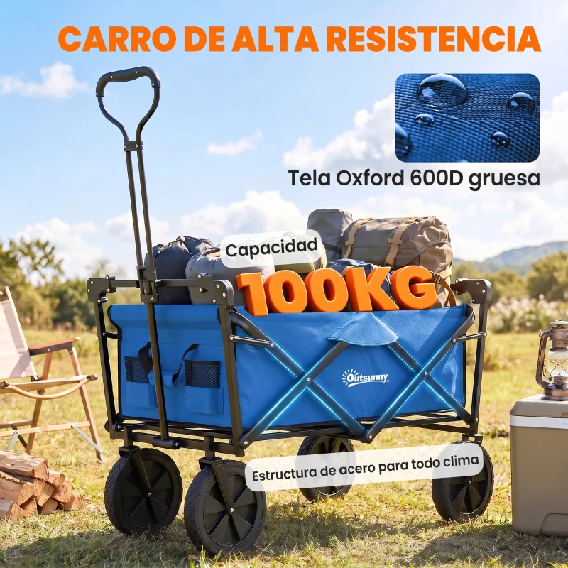 Outsunny Carro Plegable con Toldo Desmontable Longitud y Ángulo del Mango Ajustables y Bolsa de Transporte Carga 100 kg Azul