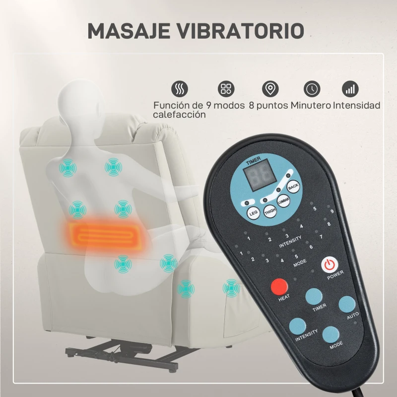 HOMCOM Sillón Levanta Personas Eléctrico con 8 Punto de Masaje Función Calentamiento 2 Controles Remotos y Bolsillo Gris Claro