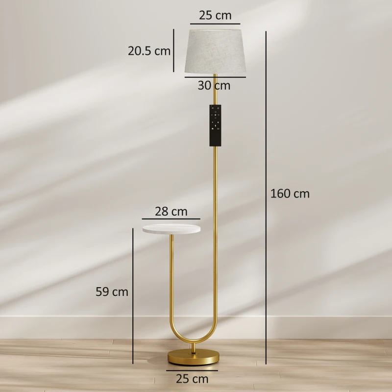 HOMCOM Modern Floor Lamp with Shelf, Dimmable Floor Lamp with Linen Shade, RF Remote and Foot Switch for Living Room, Gold Tone
