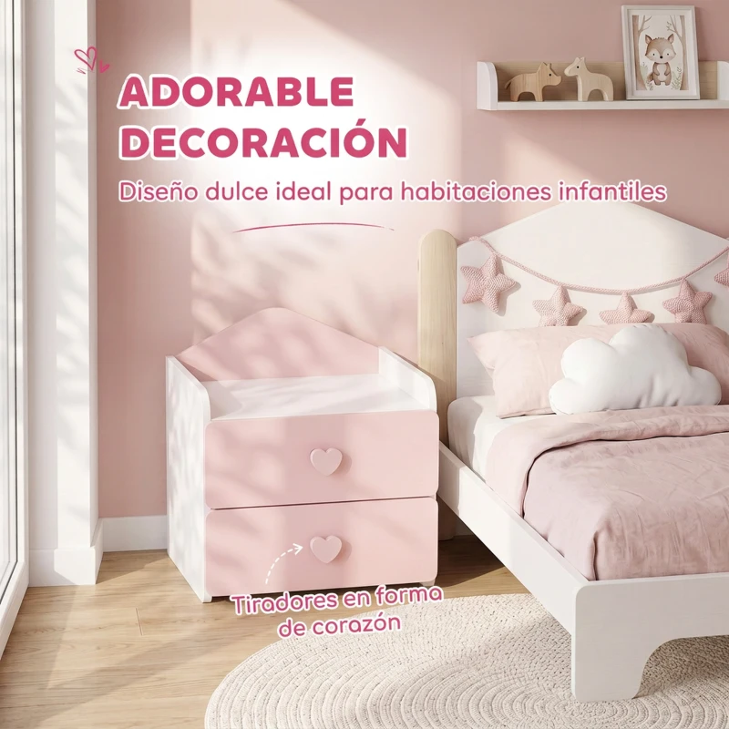 AIYAPLAY Mesita de Noche Infantil con 2 Cajones Montessori Bordes Redondeados para Niños de 3 a 8 Años 34x31x36 cm Rosa