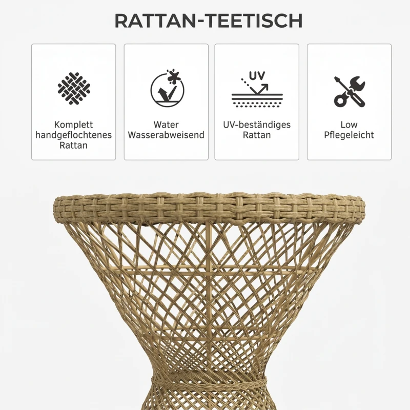 Outsunny Couchtisch Beistelltisch Boho-Design, Glasplatte, PE-Rattan, 45 cm x 45 cm x 52 cm, Natur