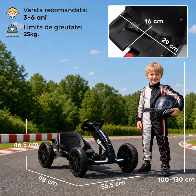 AIYAPLAY Go-Kart Electric pentru Copii 12V cu 2 Motoare, Negru