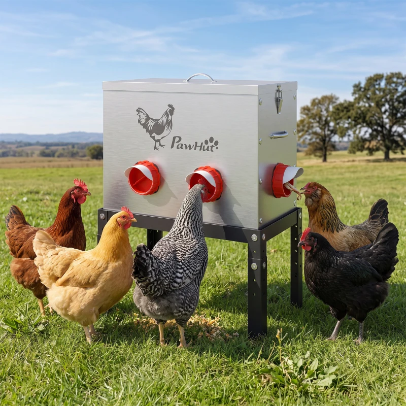 PawHut Mangeoire Automatique à Poulet 27L, 6 Ports, Hauteur Reglable, Couvercle Verrouillable, 42x25x55cm, Acier, Argent