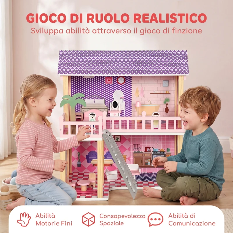 AIYAPLAY Casa delle Bambole in Legno per Bambini, 2 Piani, 11 Mobili e 2 Bambole, Regalo per Ragazze 3-6 Anni, Rosa