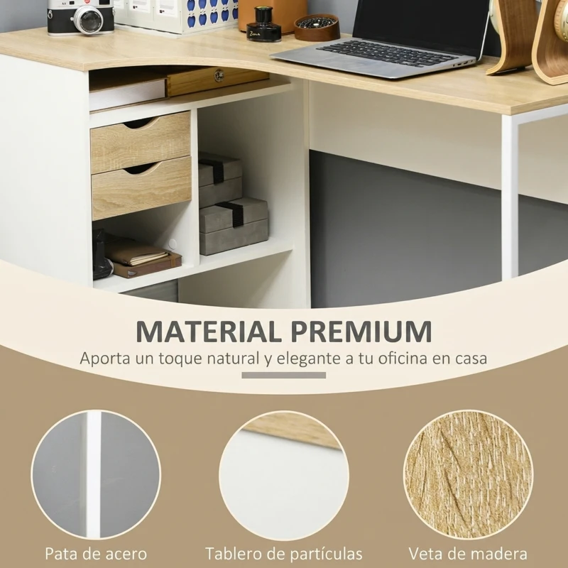 HOMCOM Escritorio Esquinero en L 120x60 cm con 2 Cajones y 3 Compartimentos Abiertos para Oficina Estudio Natural y Blanco
