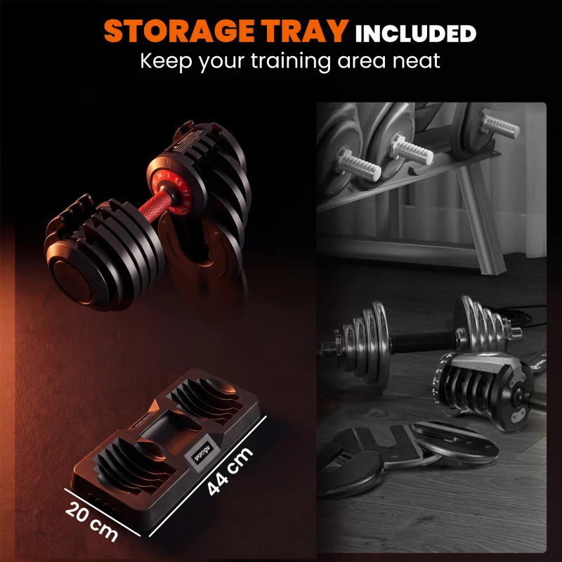 SPORTNOW 24kg Adjustable Dumbbell Set of 2, 10-in-1 Dumbbell Weights with Quick-Dial System, Safety Lock, Non-Slip Grip, Storage Tray, Space-Saving Free Weights for Home Gym Strength Training